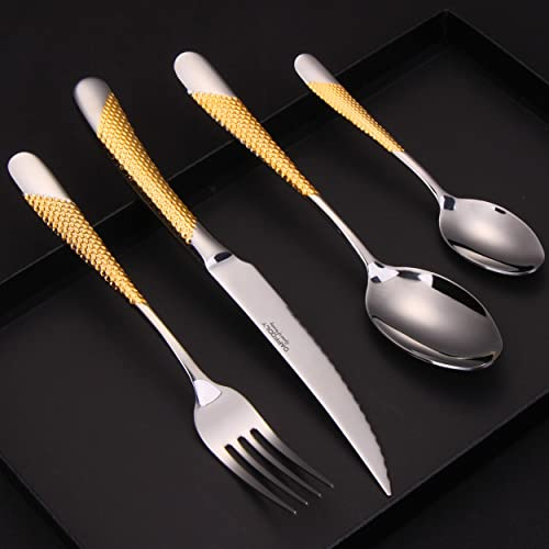 DAFFODILY Signature Cutlery Set for 4, 16 Pieces, 18/10 Stainless Steel, Mirror Finish, Dishwasher Safe, Gold