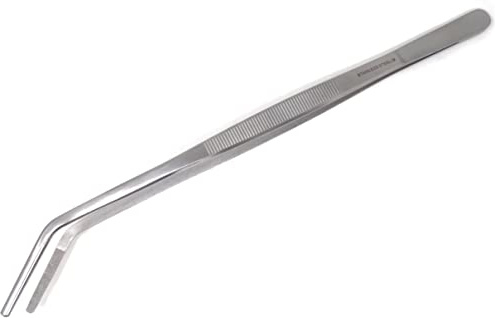 12 Inch Plating Tongs,Stainless Steel Kitchen Tweezer Tongs,Long tweezer with Angled Precision Serrated Tips for Cooking,Grilling Sea Food Beef Steak,Silver Long BBQ Tongs