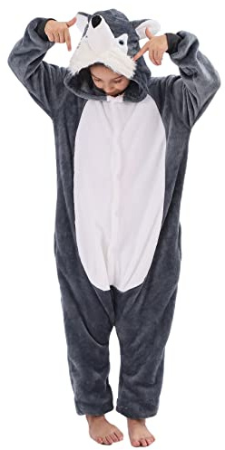 WAFUNNE Flannel Huskies Costume Cosplay Halloween Animal Onesie for Kids Adults Boys Girls Child