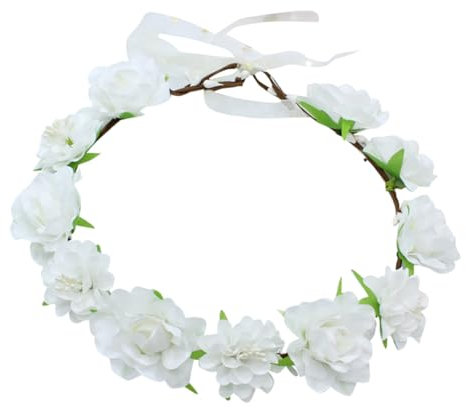 Bandeau de fleurs réglable pour mariée - Couronne de fleurs bohème - Couronne de cheveux pour mariage - Couronne de cheveux avec ruban pour femme et fille - Blanc