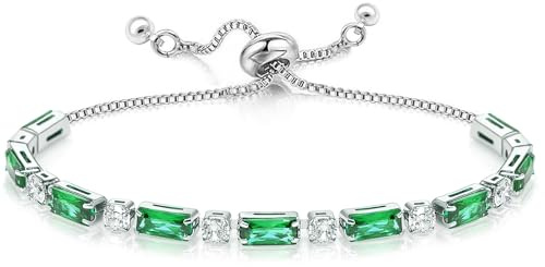 Suyi Tennis Bracelet Birthstone Bracelet with Cubic Ziconia Silver Slider Bracelet Gifts for Birthday May Birthstone Bracelet
