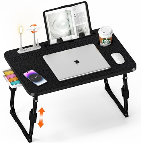 DECOSIS Laptop-skrivbord för säng, justerbar höjd, sängbord med USB/förvaringslåda/kopphållare/surfplattestativ/bokhylla, vikbar frukostbricka bärbar för läsning av skrivande, säng, soffa och golv,