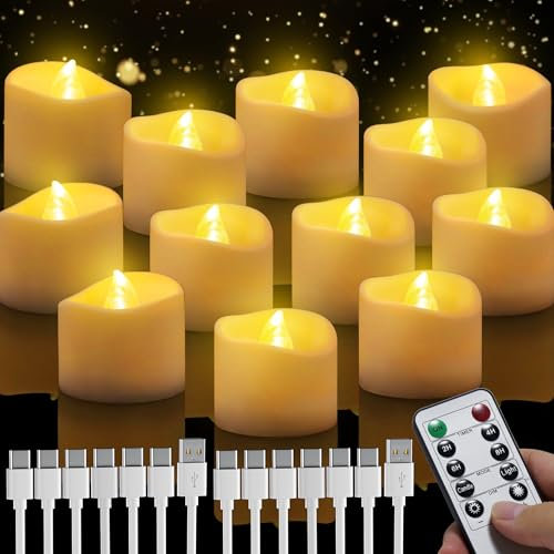 daphomeu Rechargeable LED Tea Lights with Remote Control, Flameless Flickering Candles with Timer, USB Chargeable Battery Operated Tea Lights for Wedding Christmas Home Decor (12 Pack)