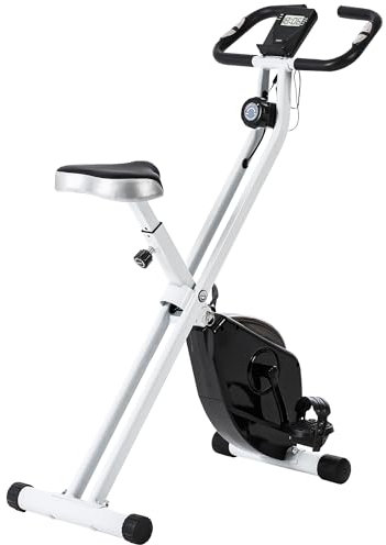 SPORTNOW Vélo d'appartement pliant, vélo fitness silencieux vélo d'intérieur avec résistance magnétique à 8 niveaux, capteur de fréquence cardiaque, siège réglable, écran LCD et roulettes, blanc