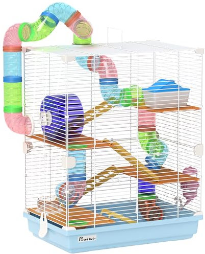 PawHut 5-stöckiger Hamsterkäfig mit Röhren, Rad, Leiter, Haus und Flasche, Metallkäfig für Nager, PP und PS, 46x30x58 cm, blau