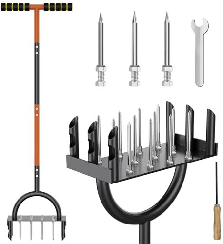 Hawcay Nueva herramienta de perforación de pinchos aireador de césped, versión mejorada combinada con aireador de dos lados, herramienta aireadora manual de césped con 12 picos de acero inoxidable,