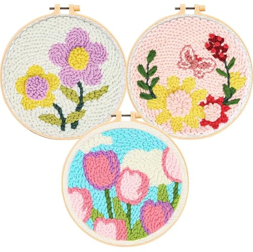 Allazone 3 Pz Punch Needle Kit, Punch Needle Kit Completo per Ricamo, Ricamo Starter Kit con Motivo de Libellule, Fiori e Lstruzioni, Set da Ricamo per Principianti e Adulti