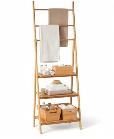 THINIA HOME - Toallero de Pie de Bambú Natural con 3 Estantes y 3 Barras, Mueble Auxiliar para Baño, Dormitorio o Lavandería, Estilo Nórdico, 53.2x32.4x152 cm