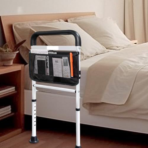 GOODLAN Bed Rails for Elderly Adults Safety with Adjustable Heights Storage Pocket Assist Support Side Railings for Seniors Citizens Slides Under Mattressbed Cane Bed Handles Bars(white with light)