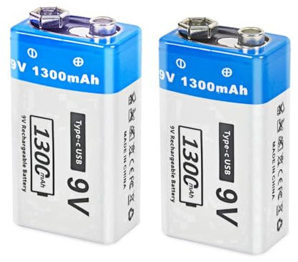 FLSTOR Batería recargable de 9 V, 1300 mAh, 9 V, batería de ion de litio para instrumentos musicales, electrónica doméstica, seguridad y dispositivos de seguridad, cámaras, juguetes y más, con cable