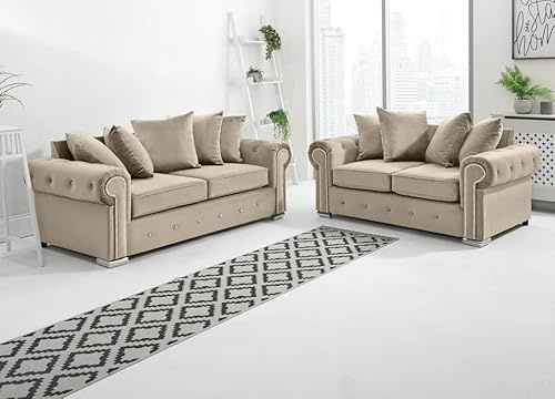 Olympia Kashmir Plush Velvet Sofa - Corner Sofa - 3-Seater & 2-Seater Sofa for Modern Living Room - Button Tufted - Scatter Back (Cream, 3+2 Seater)
