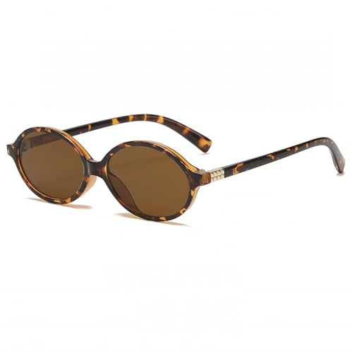 Long Keeper Gafas de Sol Ovaladas Pequeñas Retro Años 90 Gafas de Sol Vintage Ovaladas para Mujer Hombre Gafas Redondas Vintage Protección UV400 (Montura Leopardo - Lente Marrón)