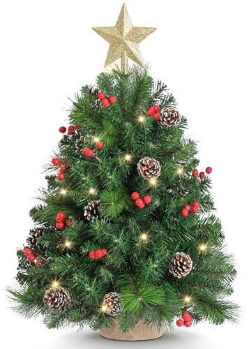 OasisCraft 60cm / 2 ft Tabletop Pre-lit Christmas Tree, Mini Artificial Xmas Tree with Warm LED Lights (6-Hour Timer), Star Treetop, Red Berries & Pine Cones for Home, Office, Table/Desk Decor
