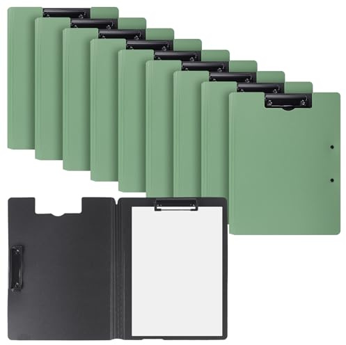 JIEHIN Pack de 10 Portapapeles A4 Plegables con Doble Clip, Carpeta de Plástico Verde, 32x23.5 cm Plegado, para Oficina Escuela Conferencias