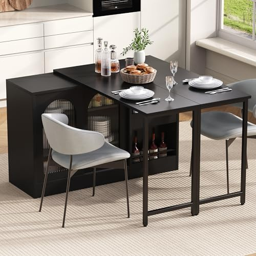 Witimisy Mesa de bar giratoria 360° con placa extensible, moderna mesa de bar con espacio de almacenamiento y puerta de armario de cristal, aparador para cocina y salón, 121,5 x 40 x 76,7 cm (negro)