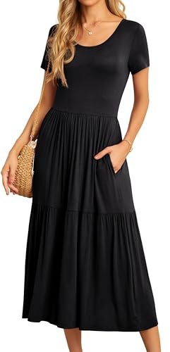 GRECERELLE Womens Summer Maxi Plus Size Dress Casual Short Sleeve Crew Neck Swing Flowy Tiered Party Dresses with Pockets for Weddings, Holidays (Black, 3XL)