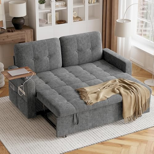 Hadibio 2 Seater Convertible Sofa Bed, 3-in-1 Sleeper with USB Ports, Grey | Removable Side Table, 6-Position Adjustable Backrest, Type-C Port, Modern Double Couch Bed for Living Room and Guest Room