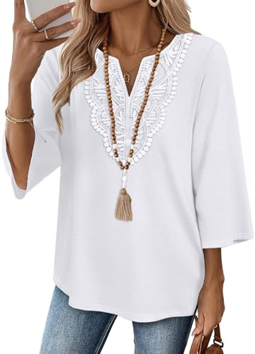 WIHOLL Ladies Tops Blouses for Women UK V Neck 3/4 Sleeve Lace Top Womens Summer Tops White 26-28