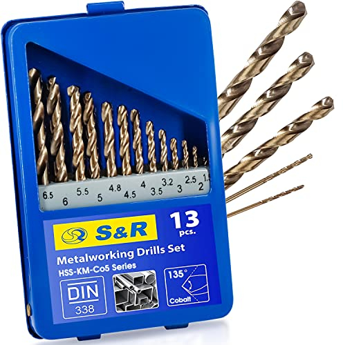 S&R Juego de brocas HSS COBALTO Rectificadas para metal 1,5-6,5 mm- 13 unidades DIN 338 - acero aleado con cobalto - corte tipo C según DIN 1412-135 ° Caja metálica