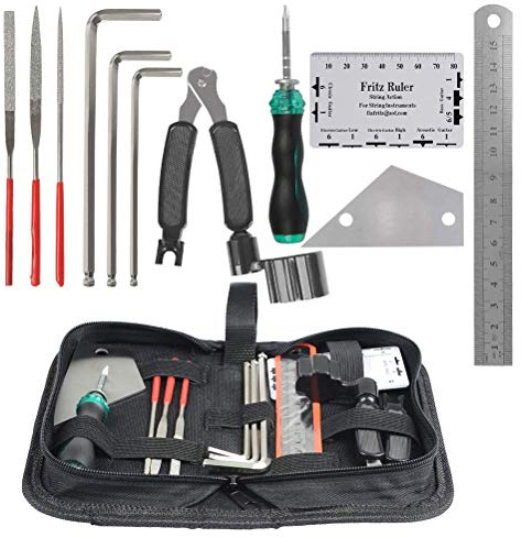 TIMESETL Guitar Repairing Maintenance Tool Kit Includes Fret Rocker Leveling Tool String Organizer String Action Ruler Gauge Measuring Tool Hex Wrench Set Files for Guitar Ukulele Bass Mandolin Banjo