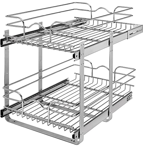 Rev-A-Shelf 2-Tier Kitchen Cabinet Pullout Shelf and Drawer Organizer Slide Out Pantry Storage Basket in Multiple Sizes, 15 x 22 In, 5WB2-1522CR-1