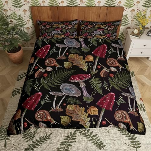 Wilder Pilz Bettwäsche-Set Gefallene Blätter der Burgunderpflanze Bettwäsche Set 200x200cm Stickschnecke Betten Set für Kinder Jungen Mädchen Teenager 3St.Reißverschluss Mikrofaser