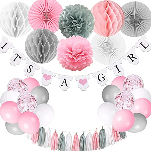 Decorazioni per baby shower per ragazza, striscione It's A Girl con pompon in carta velina pompon a nido d'ape palloncini per feste in lamina nappa, rosa e grigio It's A Girl Baby Shower Decorazioni