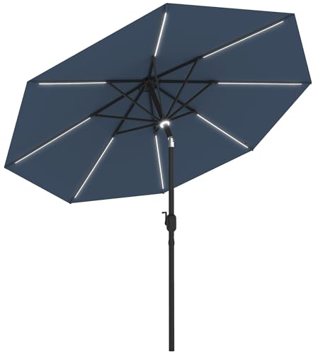 Outsunny 2.7m Garden Parasol with LED Solar Light, Centre Light, Sun Umbrella Patio Outdoor Table Parasol with Angled Canopy, Vent, Crank Tilt, Blue