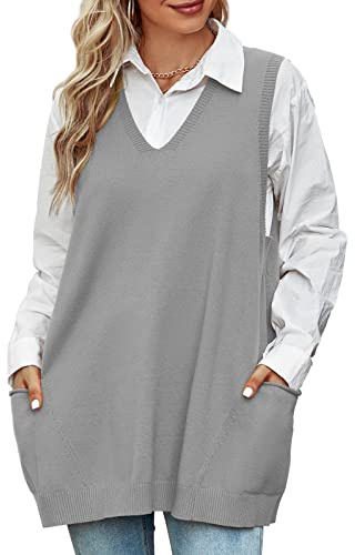 Niwicee Maglione Gilet Donna Scollo a V Pullover Maglione Senza Maniche,Autunnale Invernale Maglioni Oversize Tinta Unita mit Taschino,Cotone Top Smanicato Gilet in Maglia Elegante