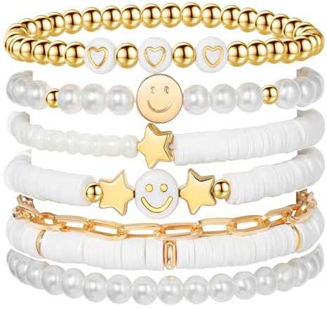 YALASOBA Colorful Smile Heart Star Bracelets Set - Polymer Clay Beaded Charm Jewelry for Women, Girls, Teens