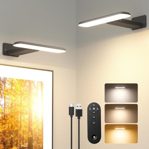 FULEN 2 Pack Picture Lights for Wall, Battery Operated Picture Light Rechargeable, Cordless Dart Board Lights, LED Wall Sconces for Pictures,Frames&Mirros, 3 Color Temperatures, Remote Control, Black