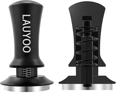 LAUYOO Espresso Coffee Tamper, Premium Barista Coffee Tamper with Calibrated Spring Loading, 100% Flat Stainless Steel Base Tamper for Espresso Coffee Machine (Black 53mm)