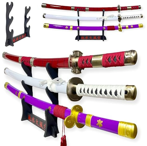 FÉENOMENN Katana One Piece Pack Zoro 3 Espadas (ENMA, WADO ICHIMONJI, SANDAI KITETSU) - Hoja de Madera - Soporte Japonés Incluido