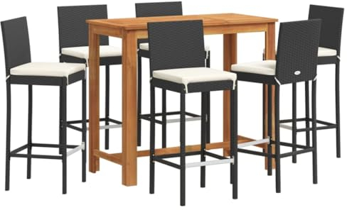 vidaXL Mesa y taburetes de jardín 7 pzas Madera Acacia ratán PE Negro, Mesa y taburetes Altos de jardín, Set de Bar de Exterior, Muebles de Bar de Exterior