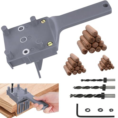 44PCS Handheld Dowel Jig Kit with Drill Guide Block, Professional Woodworking Doweling Jig, Metal Sleeve Wood Drilling for Accurate Wood Dowels, Includes 6/8/10mm Drill bits, 30 Wooden dowels (Grey)