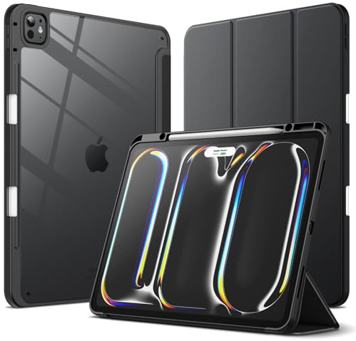 JETech Custodia per iPad Pro 13 Pollici M5/M4 (2025/2024) con Portapenne, Chiaro Trasparente Retro Conchiglia Sottile Supporto Antiurto Tablet Cover (Nero)