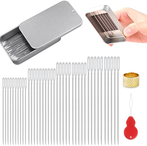 Juego de 40 agujas de coser con enhebrador y almohadilla magnética, agujas de acero inoxidable en 4 tamaños, aguja de hilo de bordar para bordar, manualidades y bricolaje