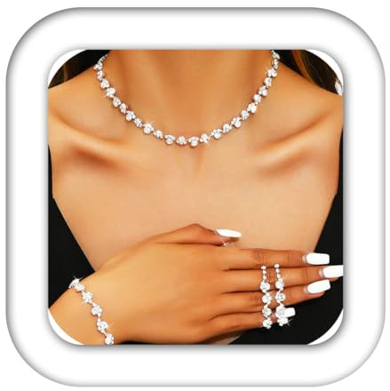 Aukmla Bridal Wedding Jewelry Set Silver Rhinestones Choker Necklaces Earrings Bracelet Sets Prom Jewelry for Women and Brides (Silver)