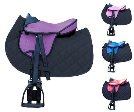 Brama West Kinder Shetty Sattel Set „My Little Pony“ | Sattel für Shetty Pony Holzpferd | mit Satteldecke, Sattelgurt, Steigbügel & Steigbügelriemen | Sattel Lila/Decke Schwarz