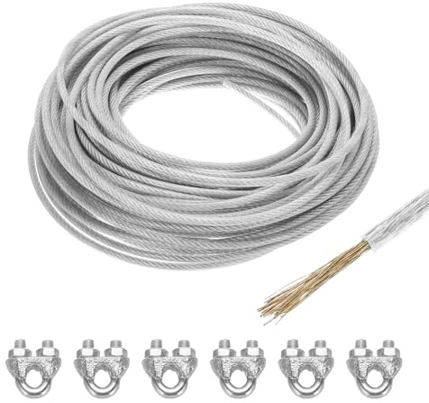 QUARKZMAN 5mm (3/16) Cavo Acciaio Rivestito Trasparente, 30m/98ft Cavo Acciaio Zincato con 6Pz M6 Maniche a Anello Morsetti Stendibiancheria per Appendere Luci Corda, Ringhiere Ponti