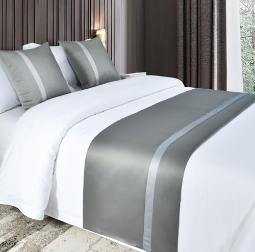 Ruyunlai Camino de cama tamaño King, color gris oscuro con rayas claras, pie y juego de cojines 210 x 50 cm para cama 1,5 m