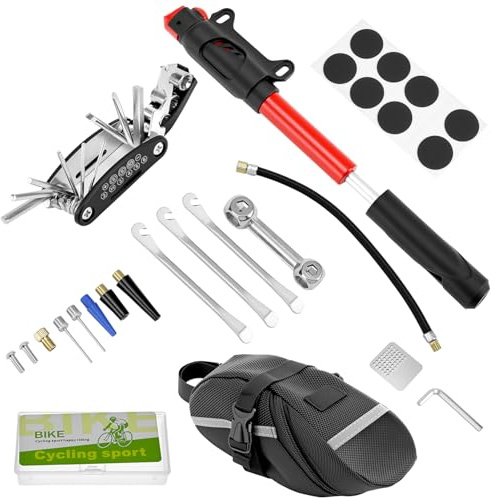 QWORK® Bike Tool Kit, 16-in-1 Bike Repair Kit, Mini Pump, Tire Levers,Tire Patch Kit, for Mountain & Road Bikes