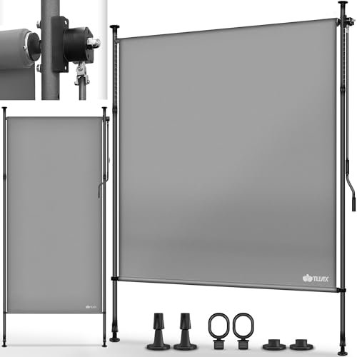 tillvex® Klemmmarkise Senkrechtmarkise 120x310cm Grau mit Handkurbel ohne Bohren | Sichtschutz Ausziehbar & Blickdicht | Vertikalmarkise Balkon Terrasse Garten | Sichtschutzrollo Wetterfest