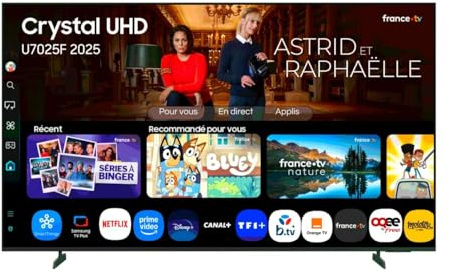 Samsung TV 65 Pouces Crystal UHD U7025F 4K Smart TV, Couleurs Incroyables avec Crystal Processor 4K, écoutez Tous Les Haut-parleurs avec Q-Symphony, données protégées, Knox Security et Gaming Hub