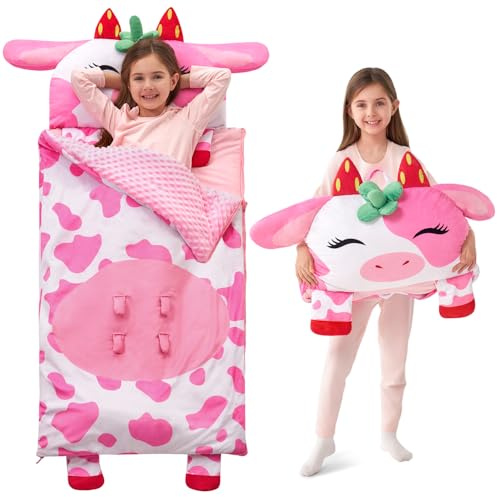 JOIEDOMI Sacco nanna a forma di mucca fragola, 152 x 68 cm, con cerniera, cuscino e coperta - Dai 3 anni in su - Sacco nanna per bambini piccoli - Per bambini e bambine all'asilo nido