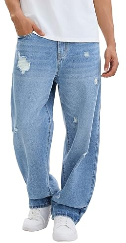 MZNBURAM Men's Y2K Hip Hop Ripped Baggy Jeans Loose Fit Wide Leg Denim Pants Casual Streetwear Trousers (42, C#Light Indigo Ripped)