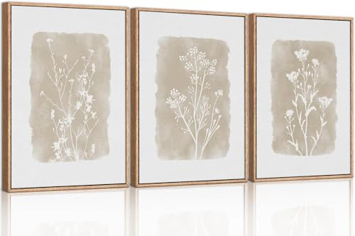 TOARTi Botanical Farmhouse Framed Canvas Wall Art Prints,Set of 3 Boho Wall Decor,Neutral Minimalist Floral Art Paintings,Bohemian Artwork for Living Room,Bedroom,Dining Room,Office-16x24inchx3