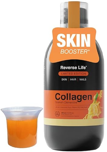 Reverse Life - Limited Edition Spanish Clementine Skin Booster - 5,000mg Hydrolysed Collagen with Biotin, Vitamin C and B12-30-Day Dose - Collagen Supplements - 450ml
