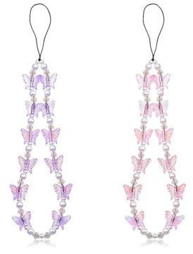 Hopzab 2 Pcs Beaded Mobile Phone Charm Crystal Butterfly Pearl Strap Anti Lost Phone Chain Keychain Hand Wrist Strap Lanyard for Women Girls, Pink and Purple