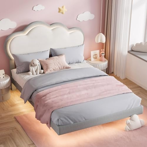 Artswish Kinderbett 140x200 cm Polsterbett, Schwebebett mit RGB-LED-Belegung, Bettgestell für Kinderzimmer, Samt, grau-weiß (ohne Matratze)